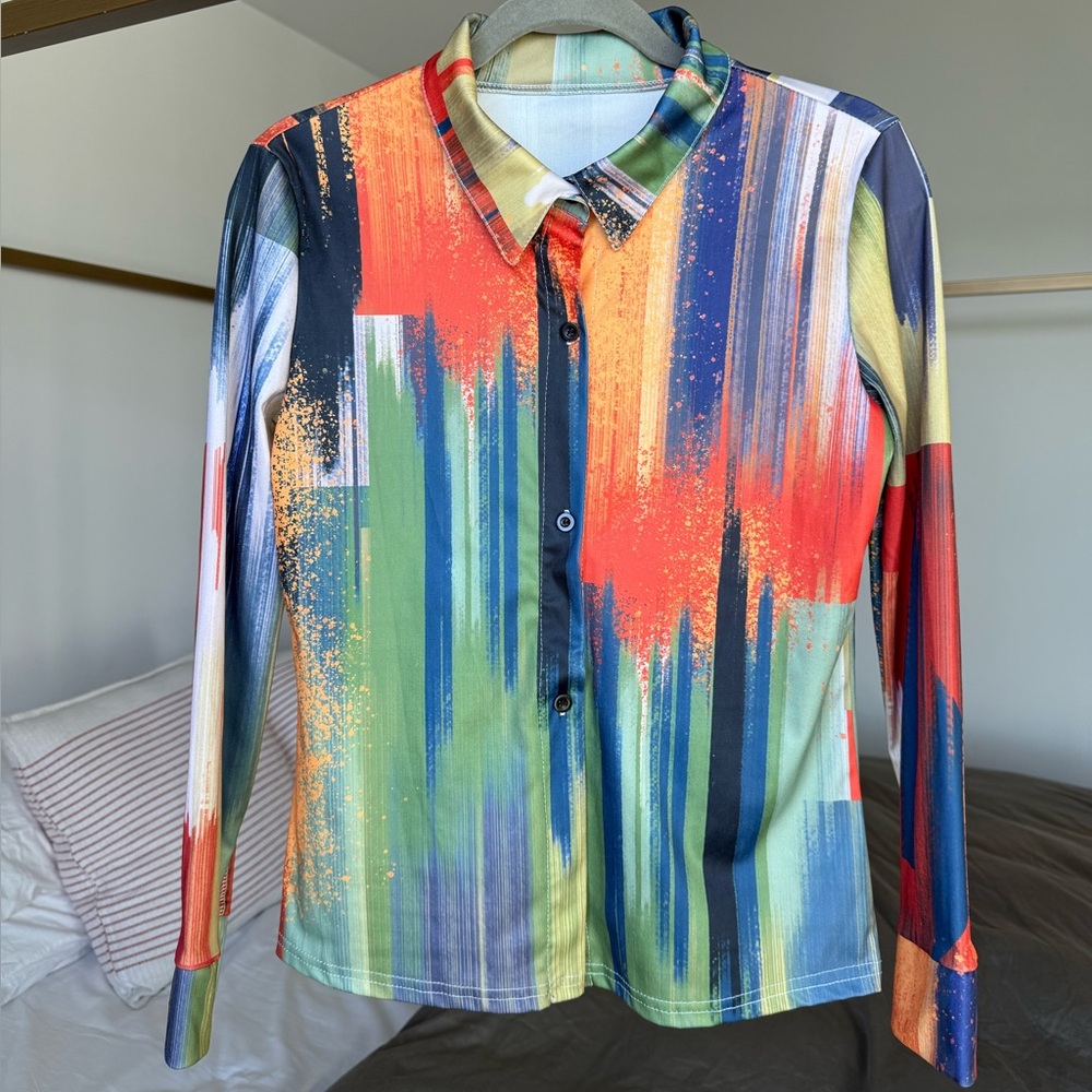 RARE Vintage 80s 90s Brushstroke Disco Cowgirl button down blouse S M Studio 54